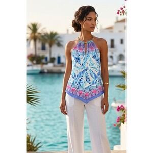 Lilly Pulitzer Womens Medium Cabana Halter Top Blue Pink Tropical Resortcore